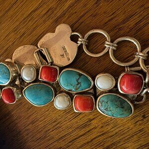 Turquoise, Coral, and Pearl Sterling Silver Bracelet